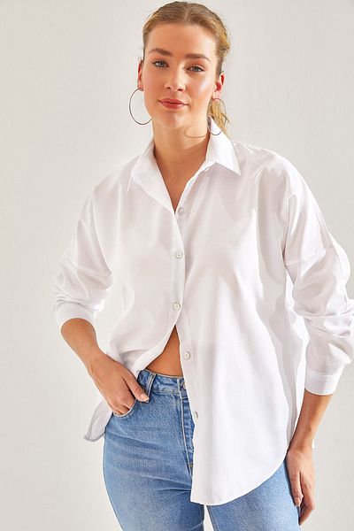 Bianco Lucci Damen Basic-Hemd mit umgeschlagenen Ärmeln