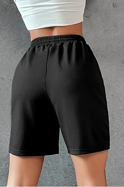 MODAGEN Kadın Siyah Beli Lastikli Düz Penye Şort