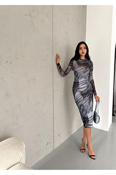 gozdefashion Kadın Desenli Tül Elbise