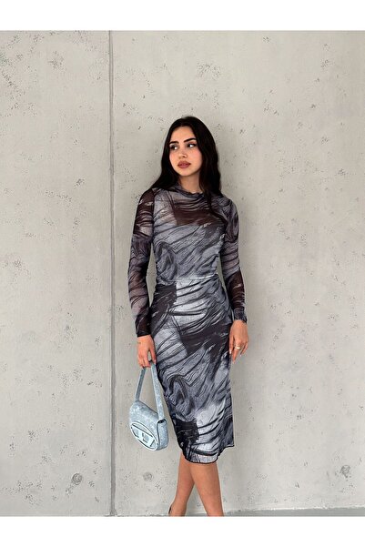 gozdefashion Kadın Desenli Tül Elbise