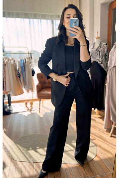 ANKH WOMAN BLACK WIDE CUT JACKET HIGH WAIST PALACE PANT SET