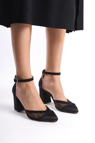 Moda Değirmeni Pantofi cu toc gros din plasă de damă din satin negru BG1042-119-0016