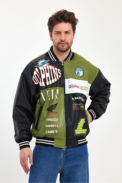 Black Level Ανδρικό δερμάτινο παλτό με στάμπα Oversize - Μπουφάν Racer με φερμουάρ και Bomber College παλτό με επένδυση