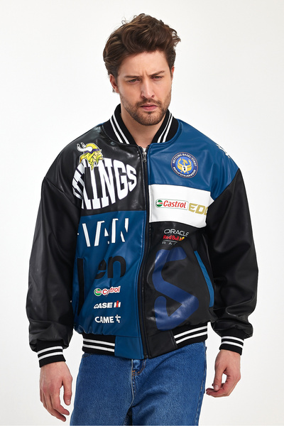 Black Level Чоловіча oversize шкіряна куртка-бомбер з принтом - куртка-бомбер на блискавці з підкладкою