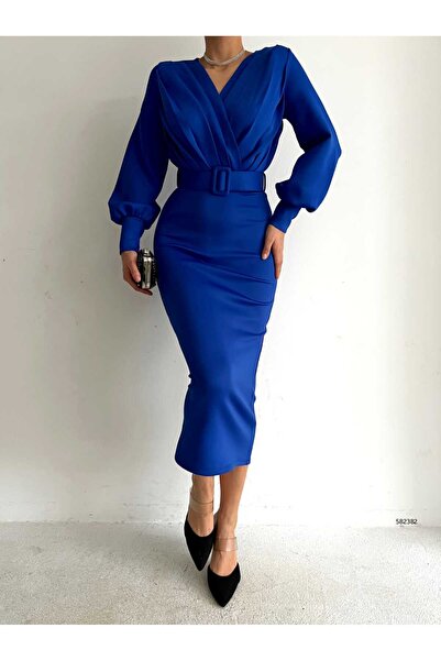 Esinty Дамска рокля от плат за гмуркане с балон ръкав, двойно закопчаване и яка (цветна)