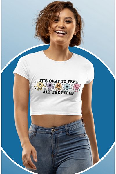 Fuddy Moda Είναι εντάξει να αισθάνεται όλοι οι αισθήσεις Γραπτό Crop Top, Γυναικεία Smiley Printed Crop Μπλούζα