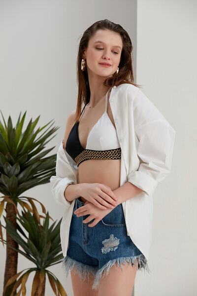 sayina Γυναικείο μπλουζάκι μπικίνι με λεπτομέρεια με κέντημα με κορδέλα σε μαύρο-άσπρο