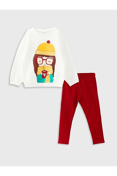 LC Waikiki Crew Neck Printed Sweatshirt and Leggings for Baby Girl - Set of 2