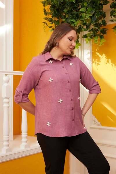 RMG Deniz Kabuğu Işlemeli Büyük Beden Mürdüm Gömlek