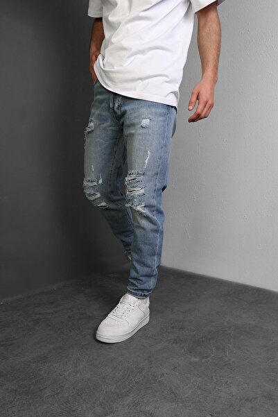 Slatra Blugi pentru bărbați, albaștri rupti pe genunchi, boyfriend mulati