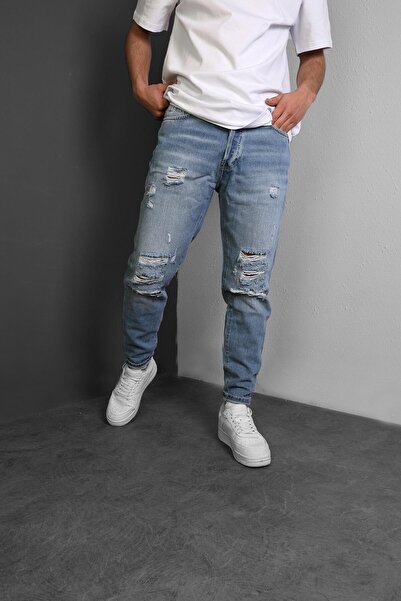 Slatra Blugi pentru bărbați, albaștri rupti pe genunchi, boyfriend mulati