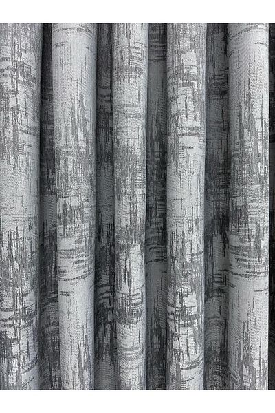 Erdoğanlar Koza Ice Blue Background Curtain - Gray Detailed, Single Wing, 1/3 Close Pleat