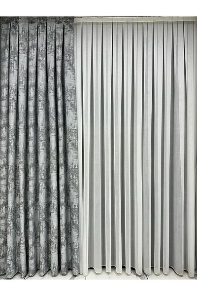 Erdoğanlar Koza Ice Blue Background Curtain - Gray Detailed, Single Wing, 1/3 Close Pleat