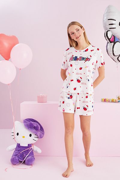 Siyah İnci Σετ πιτζάμες με άδεια Hello Kitty 100% βαμβακερό λευκό πολύχρωμο σορτς με λαιμόκοψη