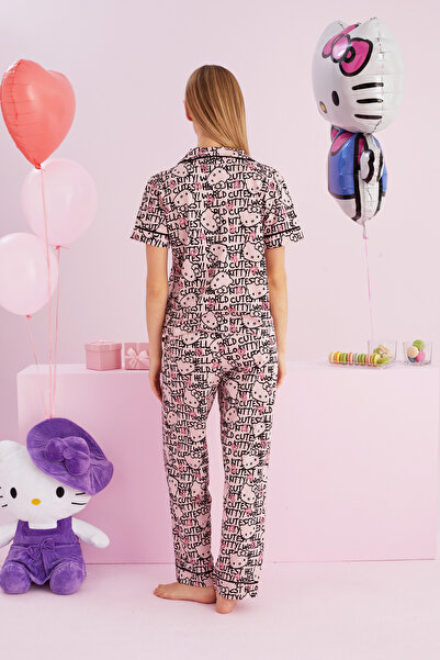 Siyah İnci Hello Kitty Lisanslı %100 Pamuk Pembe Çok Renkli Düğmeli Biyeli Pijama Takım