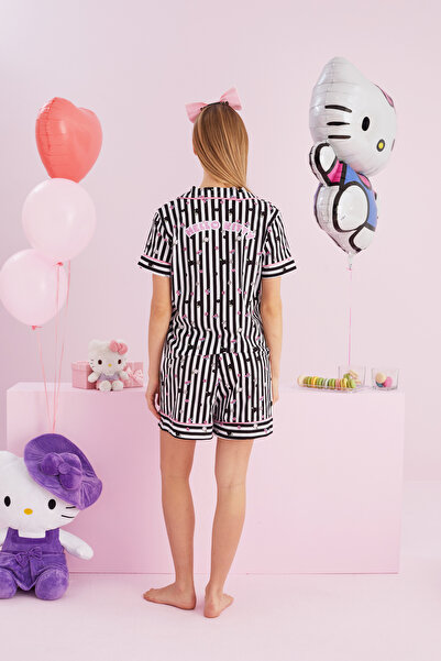 Siyah İnci Hello Kitty Lisanslı %100 Pamuk Siyah Beyaz Çok Renkli Düğmeli Biyeli Şort Pijama Takım