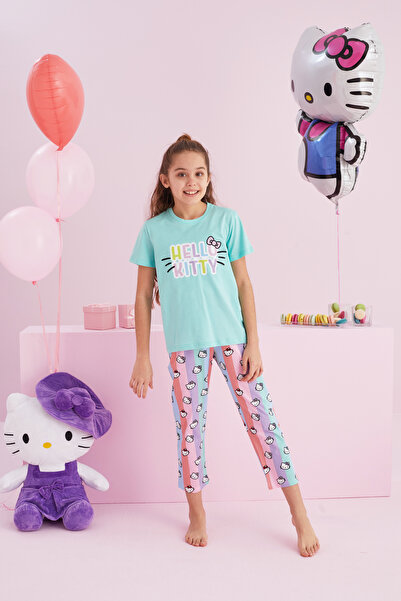 Siyah İnci Hello Kitty Lisanslı %100 Pamuk Yeşil Çok Renkli Bisklet Yaka Pijama Takım