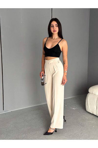 ubmbutik Women's Palazzo Pants - Cross Belt - High Waist - Two Buttons Detail - Comfortable and Stylish Trousers