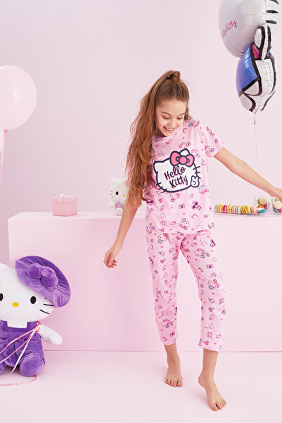 Siyah İnci Hello Kitty Licensed 100% βαμβακερό ροζ πολύχρωμο σετ πιτζάμες με λαιμόκοψη