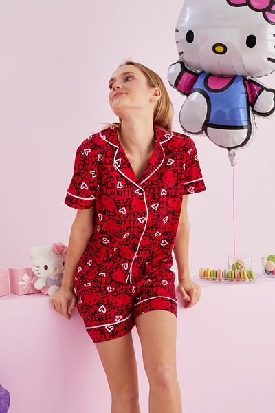 Siyah İnci Σετ πιτζάμες Hello Kitty με άδεια 100% βαμβακερό κόκκινο πολύχρωμο σορτς με κουμπιά