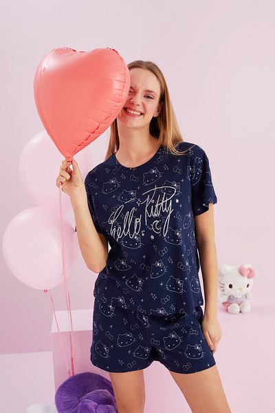 Siyah İnci Hello Kitty Licensed 100% Cotton Navy Blue Multicolor Crewneck Shorts Pajamas Set