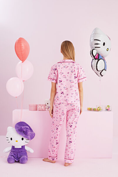Siyah İnci Hello Kitty Lisanslı %100 Pamuk Pembe Çok Renkli Düğmeli Biyeli Pijama Takım