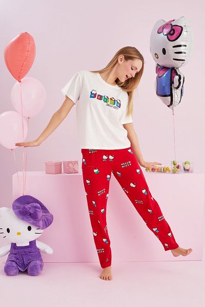 Siyah İnci Hello Kitty Licensed - 100% βαμβακερό λευκό, πολύχρωμο σετ πιτζάμες με λαιμόκοψη