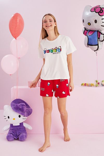 Siyah İnci Hello Kitty Licențiat - 100% bumbac, culoare albă, pantaloni scurți cu gât crew, set de lenjerie de dormit