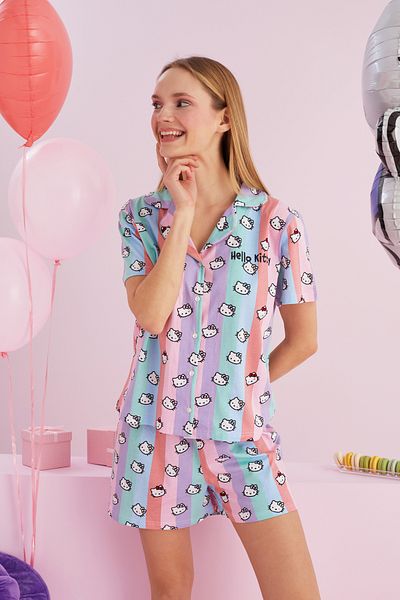 Siyah İnci Hello Kitty Licensed - 100% βαμβακερό πολύχρωμο σορτς πιτζάμες με κουμπιά