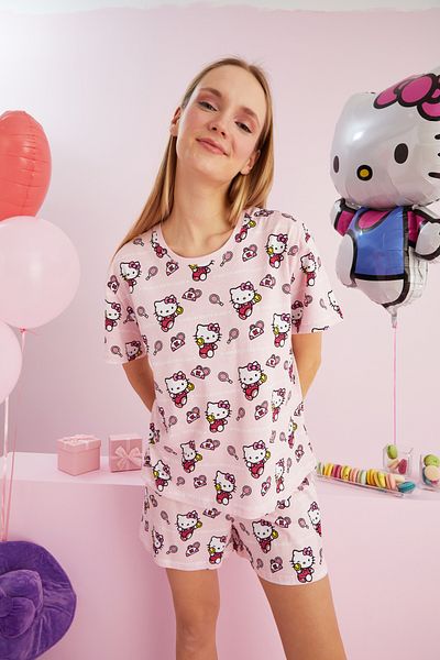 Siyah İnci Hello Kitty Licensed 100% βαμβακερό ροζ πολύχρωμο σορτς πιτζάμες με λαιμόκοψη