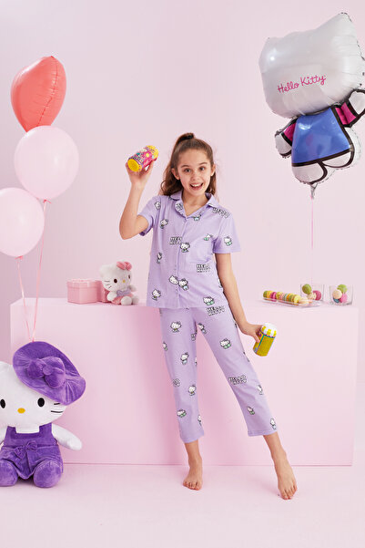 Siyah İnci Hello Kitty Lisanslı %100 Pamuk Lila Çok Renkli Düğmeli Pijama Takım