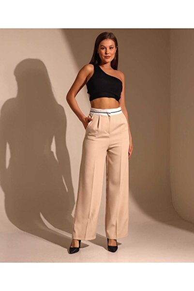 ubmbutik Pantaloni Palazzo damă - Detaliu curea inversă - Talie înaltă - Picior lat