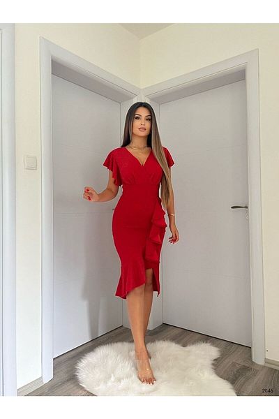 vuvutasarım Βραδινό φόρεμα με γκλίτερ γιακά με διπλό στήθος σε κόκκινο χρώμα 76313