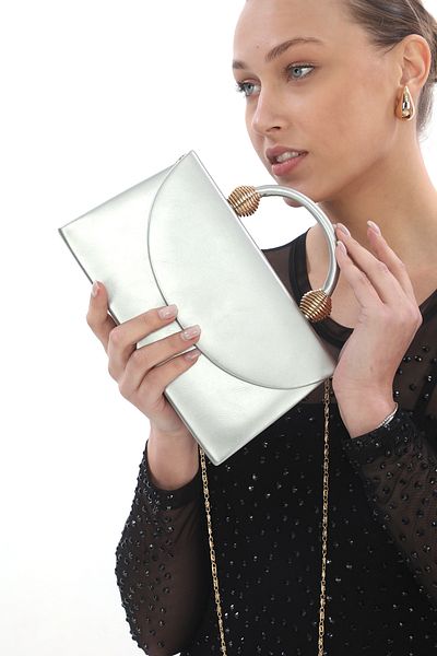 womenacs Silver Color Evening Dress, Women's Bag with Cover, Hand-held and Long Strap (Chain Strap)