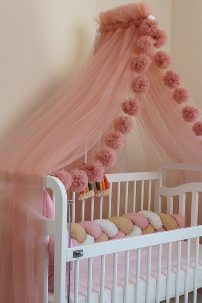 G&G baby Pudra Pembe Pon Ponlu Beşik Cibinliği Ve Cibinlik Aparatı