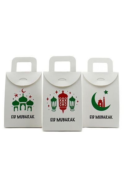 reprodesign 10 x 15 εκ. Λευκό 3 τεμάχια Eid Mubarak τυπωμένο κενό μαντήλι, καραμέλα, μικρότερο, κουτί δώρου,