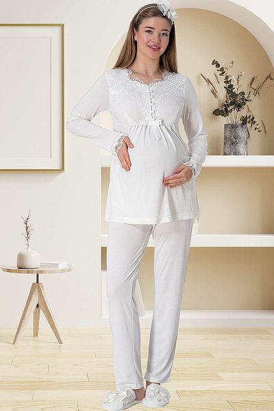 Mecit Pijama طقم بيجامة للحوامل مكون من قطعتين مع ثوب نوم طويل 80% قطن، بيجامة فيسكوز 20% مع خصر مطاطي قابل للتعديل