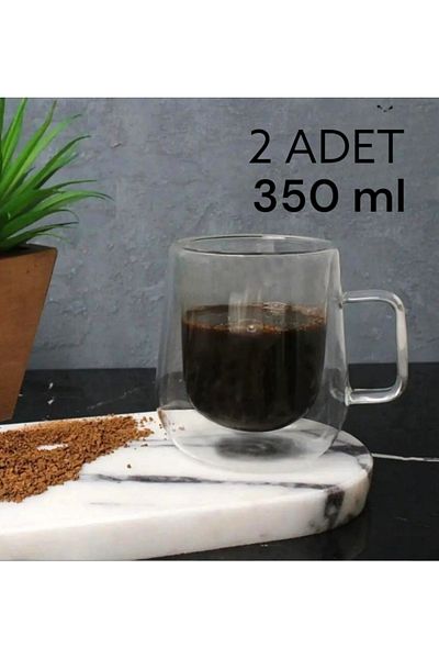 MİEN Double Walled Cup 350 ml, Double Walled Mug with Handle 2 Pieces