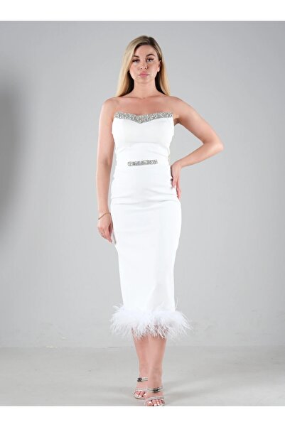 Elbisen Burada Beyaz Otriş Detay Midiboy Kalem Elbise