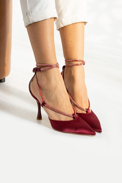 Gökçe Shoes Satin Women's Heeled Shoes - Burgundy Stone Stripe