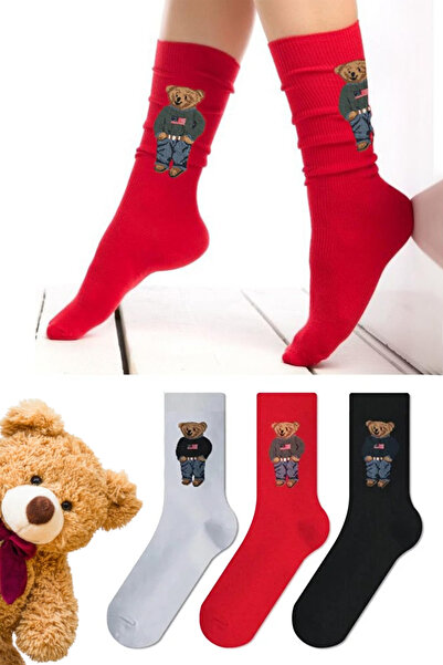 Pink Trend 3 чифта шарени чорапи с плюшено мече