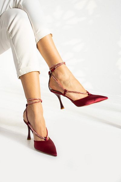 Gökçe Shoes Satin Women's Heeled Shoes - Burgundy Stone Stripe