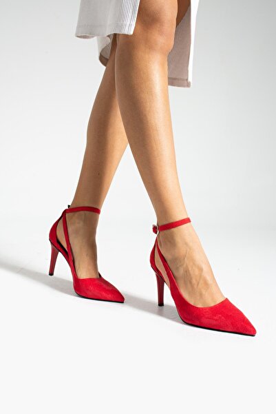 Gökçe Shoes Soul Kırmızı Süet Bilekten Kemerli Kadın Topuklu Ayakkabı