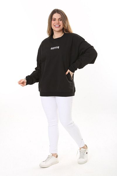 Şans Women's Large Size Black Cotton Fabric Embroidery Text Sweatshirt 65N37616