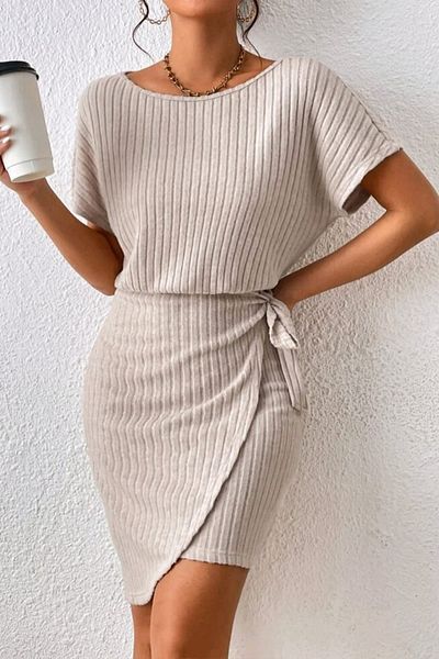 missamour Rochie de vară, bej, cu cravată laterală, cu nervuri groase
