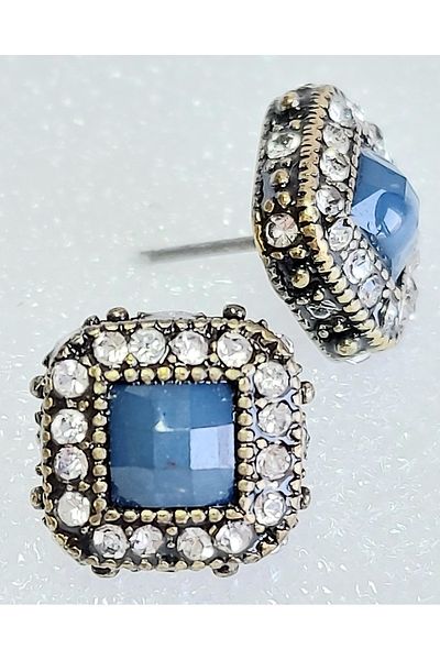 impressive Zircon Stone Framed Blue Crystal Stone Square Design Modern Simple Elegant Evening Dress Earrings (Ancient Silver)