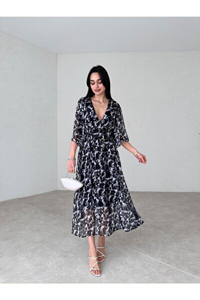 SONREİR فستان شيفون ميدي بأكمام واسعة ورقبة على شكل حرف V