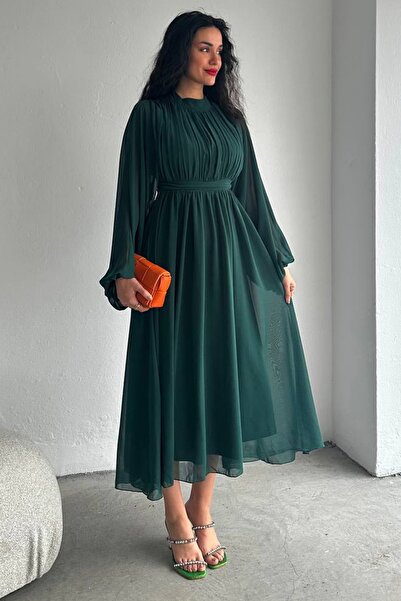vuvutasarım Flared Cut Lined Chiffon Fabric Stand Collar Long Sleeve Midi Length Emerald Green Chiffon Dress 078