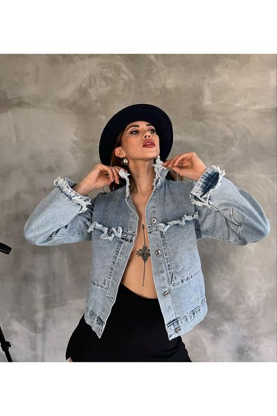 Fav Style Blugi de damă albaștri cu închidere cu nasturi, buzunare duble, cu detaliu cu ciucuri