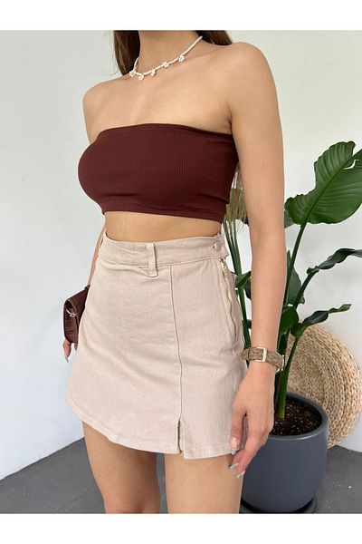 Fav Style Γυναικεία τζιν Μίνι σορτς με διπλή τσέπη πίσω φούστα μπεζ